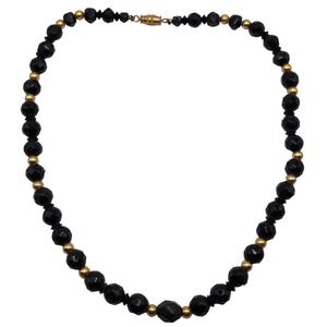 Vintage Black Faceted Czech Glass Gold Plate Bead Necklace 17" Long Choker